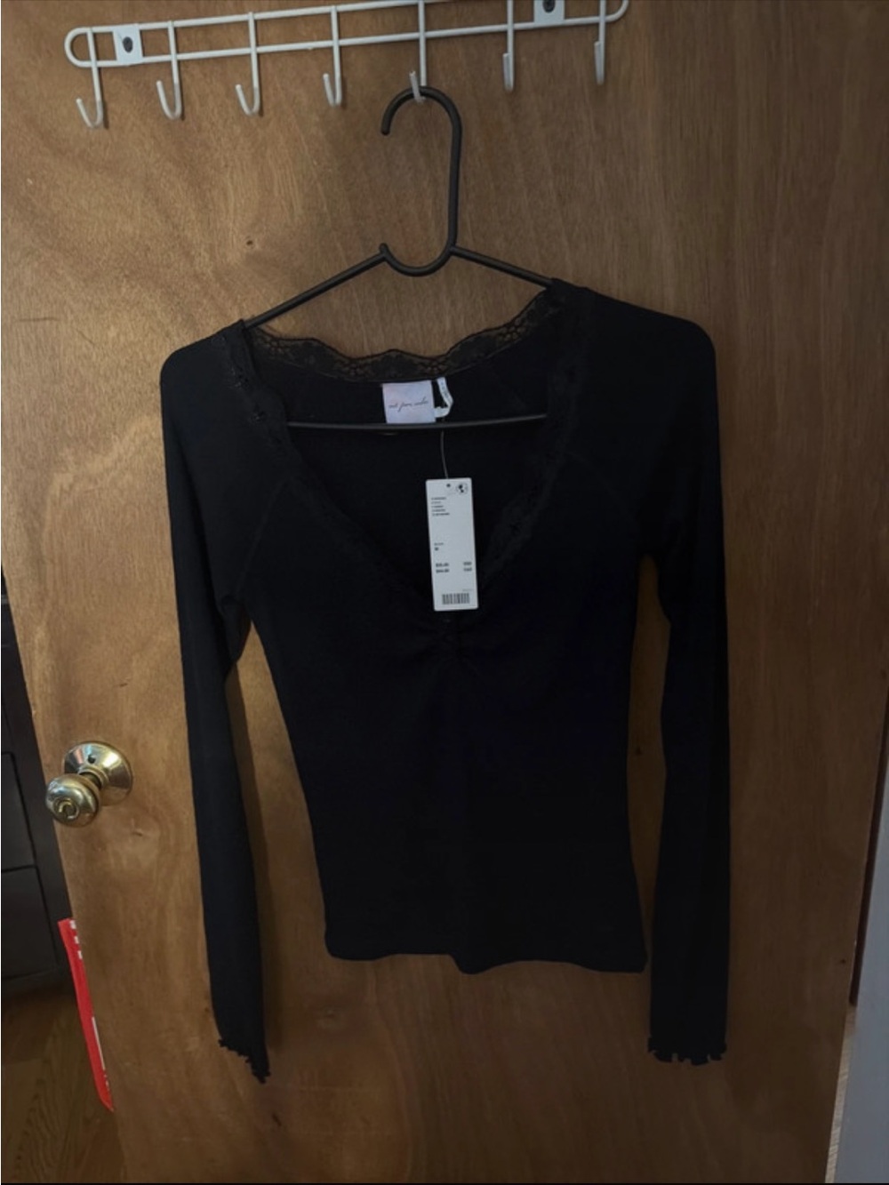 Urban Outfitters Black Long-Sleeve Lace Trim V-Neck Top